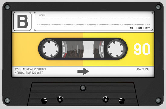 3d illustration of a black audio cassette with sticker and label