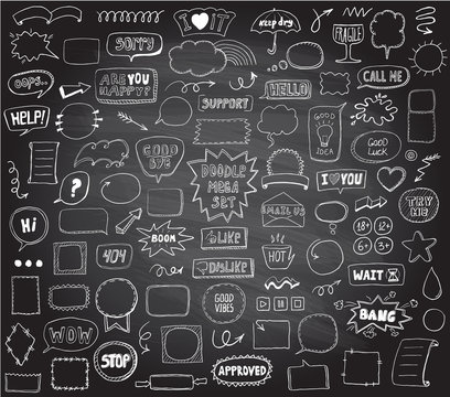 Graphic sketch elements set on a chalkboard - doodle graphic line signs and symbols, speech bubbles, frames, phrases