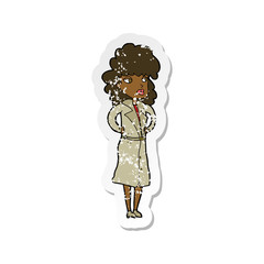 retro distressed sticker of a cartoon woman in trench coat