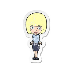 retro distressed sticker of a cartoon woman shrugging shoulders