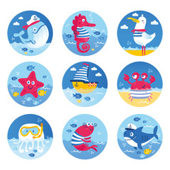 Obraz na płótnie Canvas Cute vector set about sea life: captain whale, fish, seahorse, shrimp, star, crab, jellyfish, sailor shark. Animals in color circles for children designs: icon, sticker, card, invitation, clothes.