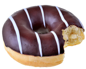 Bitten chocolate glazed donut top view isolated