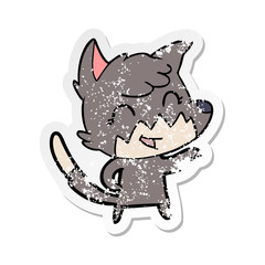distressed sticker of a happy cartoon fox