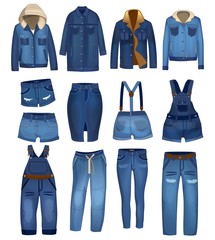 Jeans clothing collection with ripped details. Dark Blue denim jeans, shorts and jackets fits and styles. Vector jeans clothing.