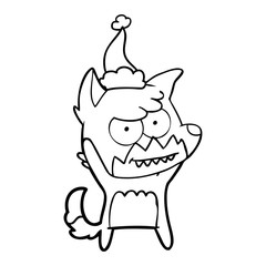 line drawing of a grinning fox wearing santa hat