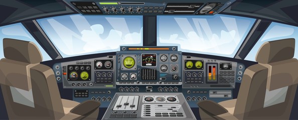 Airplane cockpit view with control panel buttons and sky background on window view. Airplane pilots cabin with dashboard control and pilots chair for games design. Airplane Vector illustration - obrazy, fototapety, plakaty