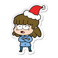 sticker cartoon of a tired woman wearing santa hat
