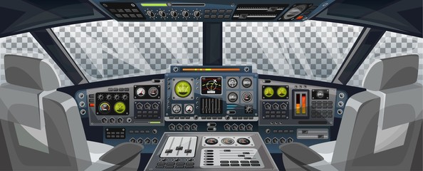 Airplane cockpit view with control panel buttons and transparent background on window view. Airplane pilots cabin with dashboard control and pilots chair for games design. Airplane Vector illustration - obrazy, fototapety, plakaty