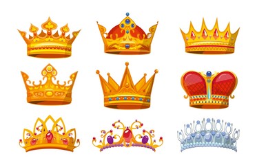 Set of colorful crowns in cartoon style. Royal crowns from gold for king, queen and princess.Crown awards collection for winners in game. Royal crown vector set isolated on white background