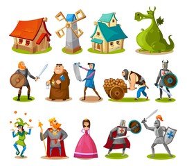 Medieval characters and buildings collection. Cartoon knights, princess, king, dragon, buildings etc. Vector fairy tale objects.