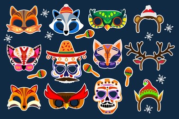 Colorful photo booth masks and props. Wedding, party, birthday, carnival or holiday collection. Vector masks and photo booth set.