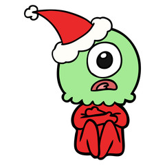 line drawing of a cyclops alien spaceman wearing santa hat