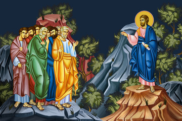 Obraz premium Post-Resurrection appearances of Jesus. The earthly appearances of Jesus to his followers after his death, burial, and resurrection. Illustration - fresco in Byzantine style.