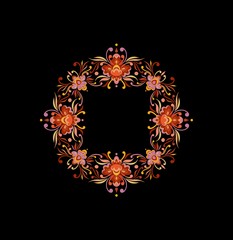 Ornament flower round frame black background  