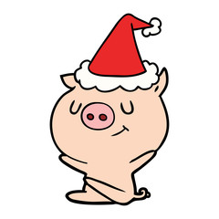 happy line drawing of a pig wearing santa hat