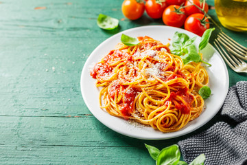 Tasty italian pizza with tomato sauce and parmesan