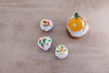 Easter, Easter cake with a complex composition, beautiful scenery, dried fruits