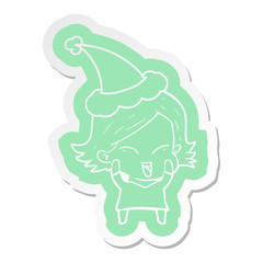 happy cartoon  sticker of a girl wearing santa hat