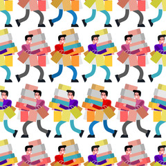 Shopping pattern seamless. Buyer and purchase in store and packages. Shopper background