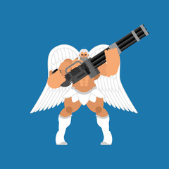 Plakat Guardian angel and Minigun. Warrior archangel and Gattling gun. Battle saint patron