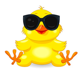 Little yellow chick in black glasses. Little yellow chicken with sunglasses. Chick on a white background. Cartoon chick © Oleg Lytvynenko