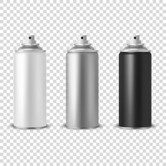 Vector 3d Realistic White Blank Spray Can, bottle Icon Set Closeup Isolated on Transparent Background. Design Template of Sprayer Can for Mock up, Package, Advertising, Hairspray, Deodorant etc