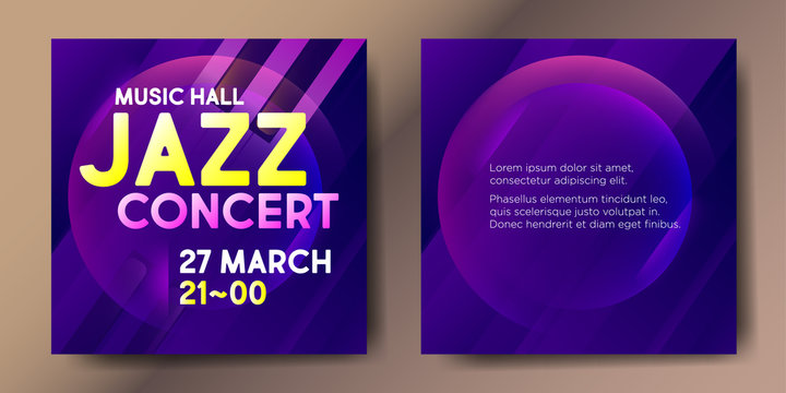 Set of two violet square jazz card templates with graphic elements and text. 