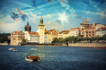 Fototapeta premium People in Boats in Vltava River in Prague, Czech Republic, Europe.