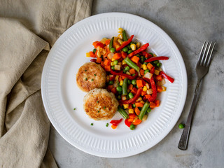 Chicken cutlets with steamed Mix vegetables, Chicken meat balls on white plate. Heathy lunch, diet food. Selective focus, close up.