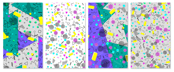 Set of memphis pattern. Pop art color background.