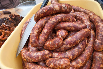 Freshly produced sausages