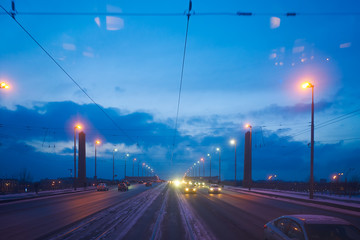 road overlooking the tram public transport way. bridge in the evening
