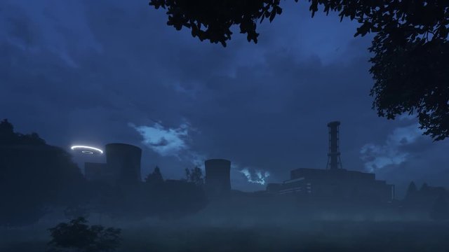 3d render UFO hovering over old soviet nuclear power plant	