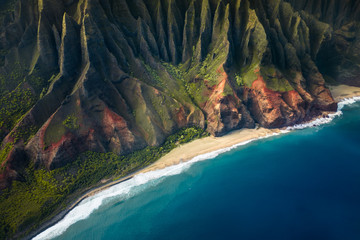 beautiful nature landscape in Kauai island Hawaii. View from helicopter,plane,top. Forest....