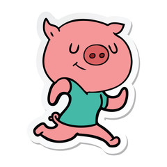 sticker of a happy cartoon pig running