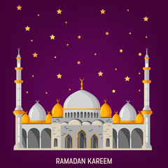 Ramadan Kareem greeting card layout with mosque, minarets, arabic shining lamps, and ornamental decor.