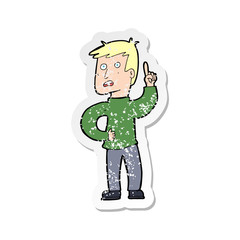 retro distressed sticker of a cartoon boy with idea