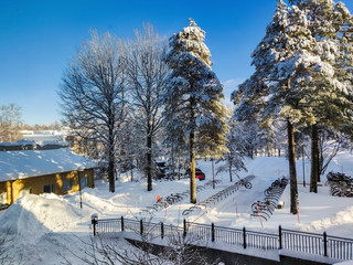 Sunshine on yellow building through the pine tree loaded with snow