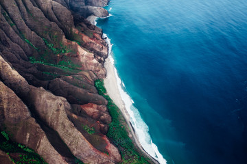 beautiful nature landscape in Kauai island Hawaii. View from helicopter,plane,top. Forest. Mountains. Ocean. View . Drone