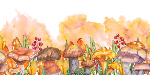 Watercolor seamless banner with mushrooms on white background.