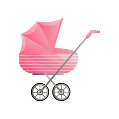 Fototapeta na wymiar Modern pink stroller for newborns with strips on sides on white