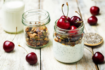 Chia seeds granola Greek yoghurt pudding with berries