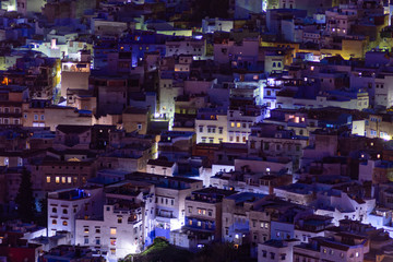 Blue and Purple Colored Homes and Buildings in Chefchaouen Morocco at Night
