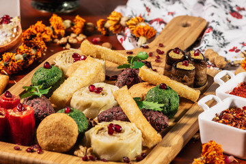 Pkhali, traditional Georgian dish of chopped and minced vegetables, made of cabbage, eggplant, spinach, beans, beets and combined with ground walnuts, vinegar, onions, garlic, pomegranate and herbs