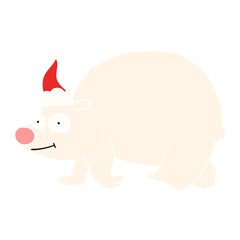 flat color illustration of a walking polar bear wearing santa hat