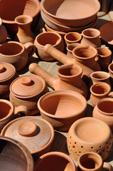 Lots of traditional ukrainian handmade clay pottery production, vertical composition