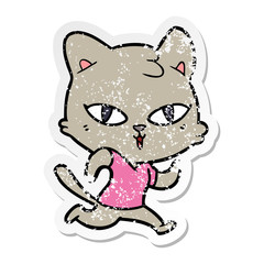 distressed sticker of a cartoon cat out for a run