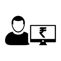 Bank icon vector male user person profile avatar with computer monitor and Rupee sign currency money symbol for banking and finance business in flat color glyph pictogram illustration