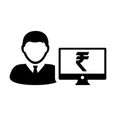 Computer icon vector male person user avatar with monitor screen and Rupee sign in flat color in Glyph Pictogram Symbol illustration