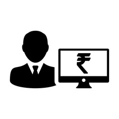 Avatar icon vector male user person with computer monitor screen and Rupee sign in flat color in Glyph Pictogram Symbol illustration